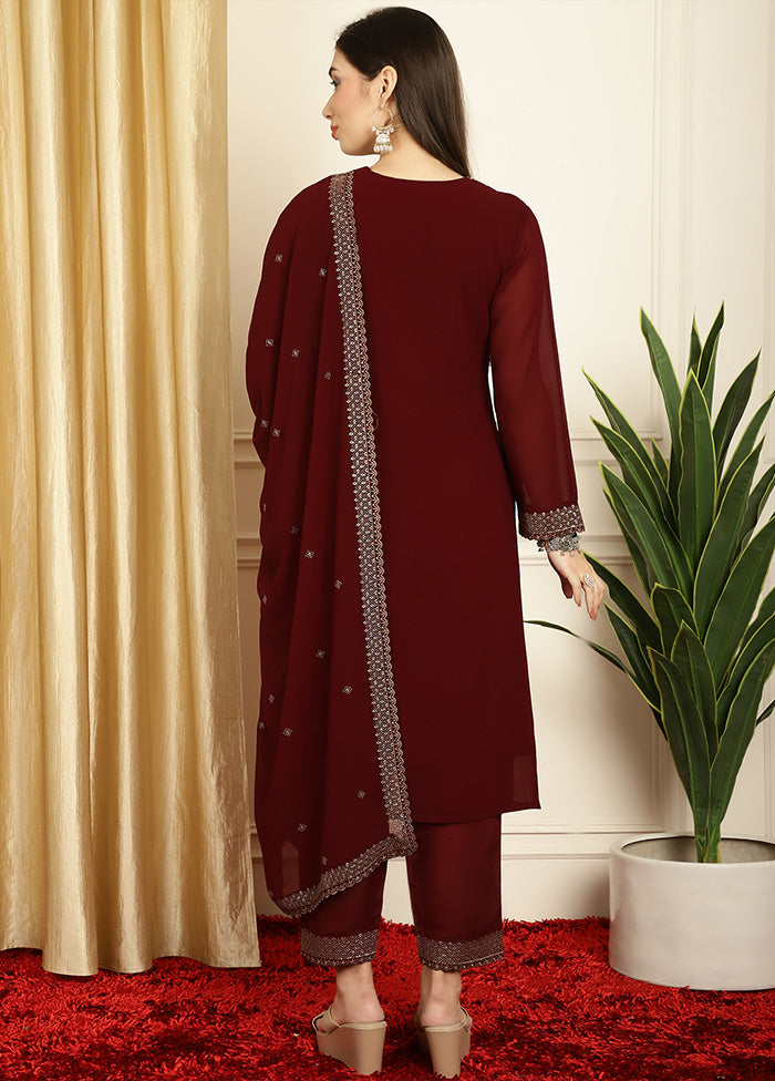 3 Pc Maroon Readymade Georgette Dupatta Suit Set