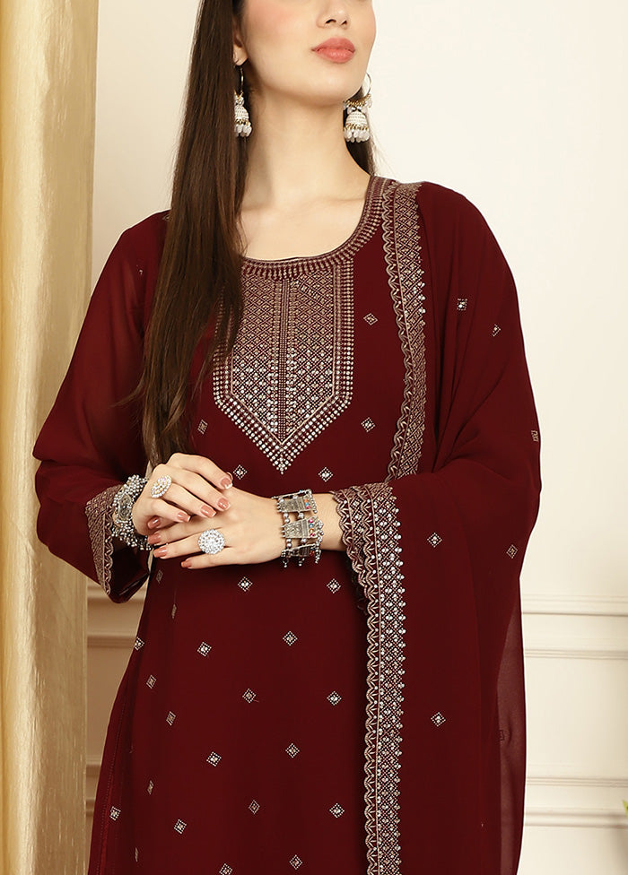 3 Pc Maroon Readymade Georgette Dupatta Suit Set