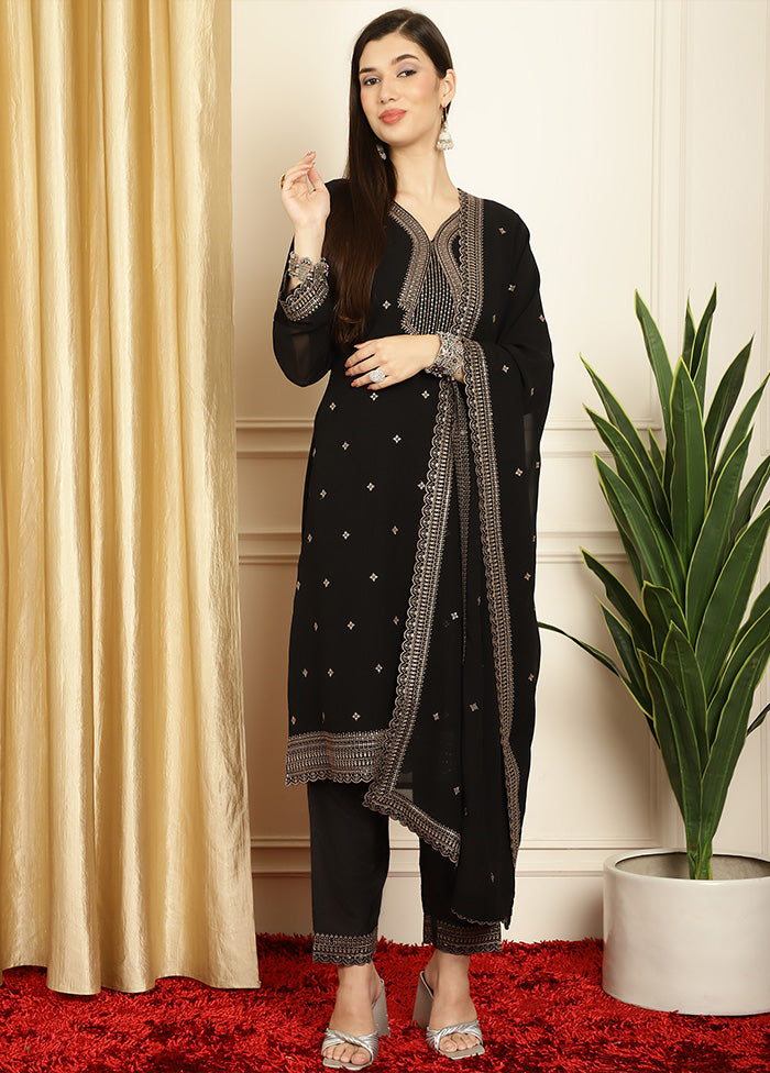 3 Pc Black Readymade Georgette Dupatta Suit Set