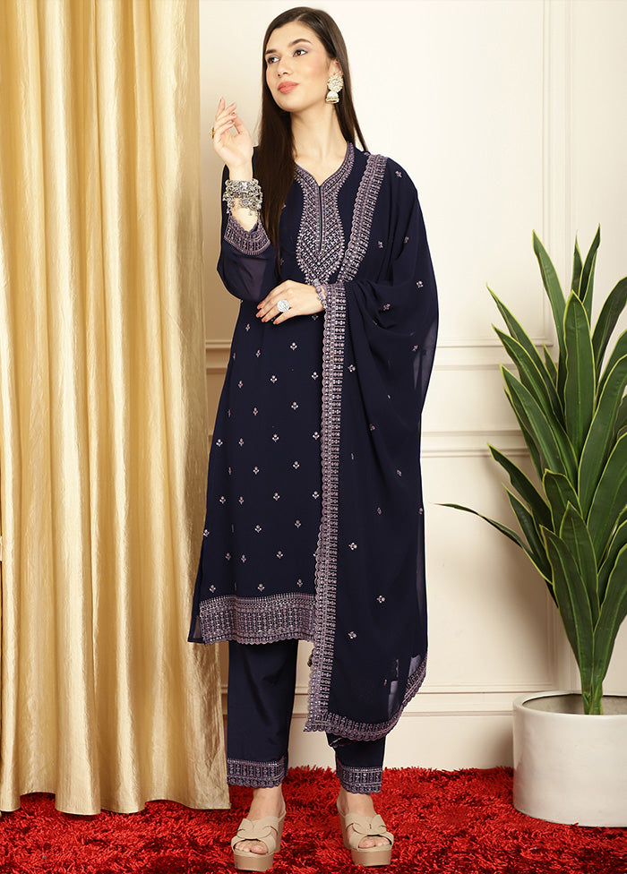 3 Pc Navy Blue Readymade Georgette Dupatta Suit Set