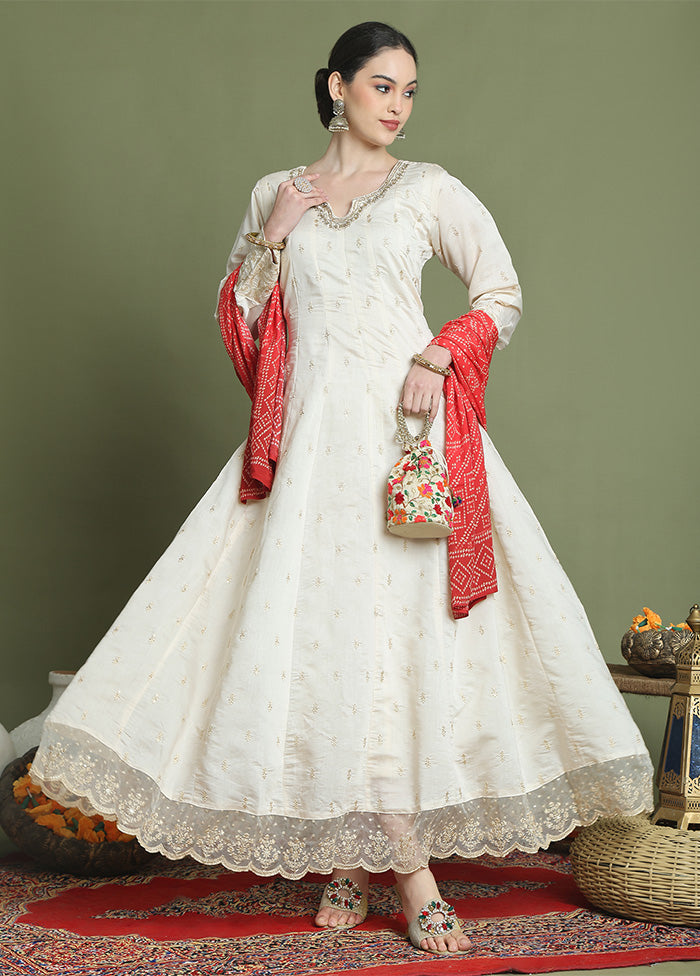 Cream Readymade Silk Dupatta Indian Dress