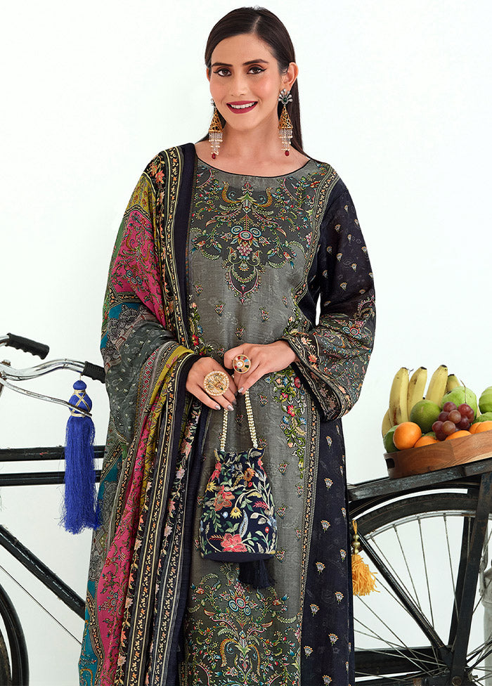 3 Pc Grey Unstitched Pashmina Suit Set - Indian Silk House Agencies