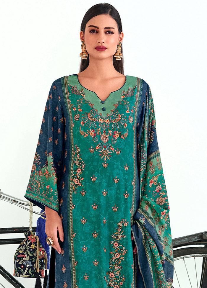 3 Pc Navy Blue Unstitched Pashmina Suit Set - Indian Silk House Agencies