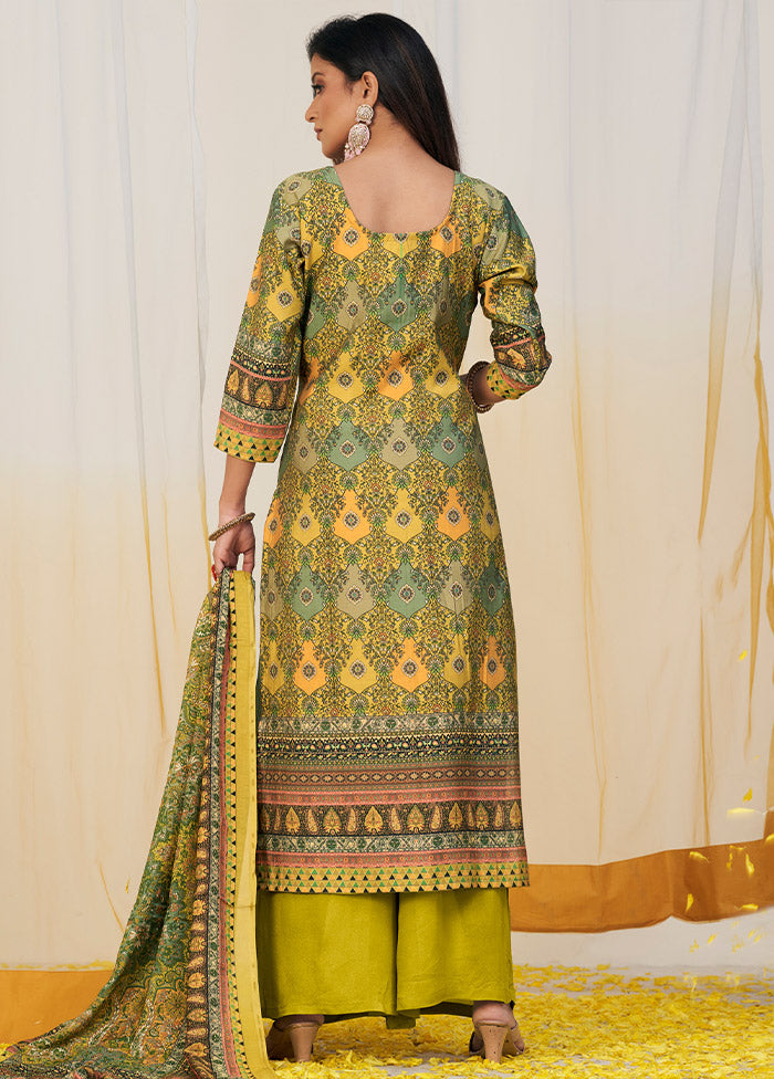 3 Pc Green Unstitched Silk Suit Set - Indian Silk House Agencies