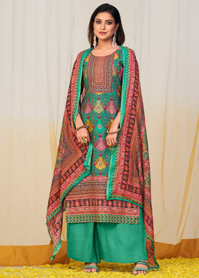 3 Pc Green Unstitched Silk Suit Set - Indian Silk House Agencies