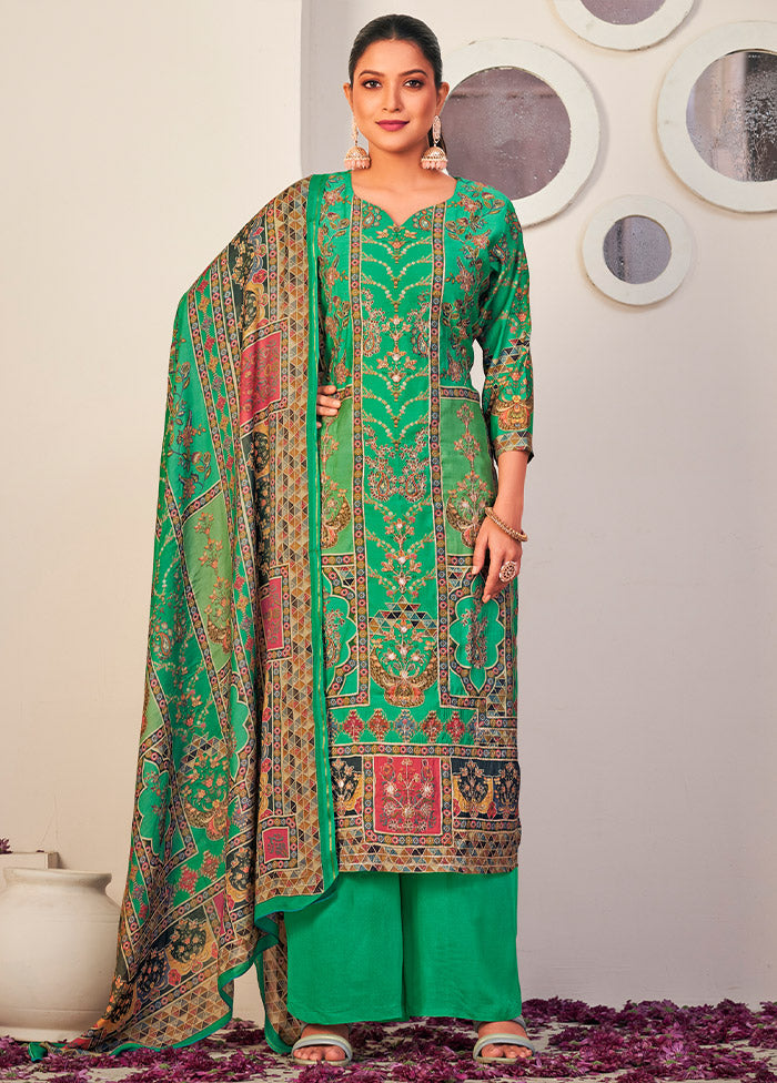 3 Pc Green Unstitched Silk Suit Set - Indian Silk House Agencies