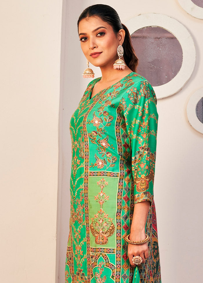 3 Pc Green Unstitched Silk Suit Set - Indian Silk House Agencies