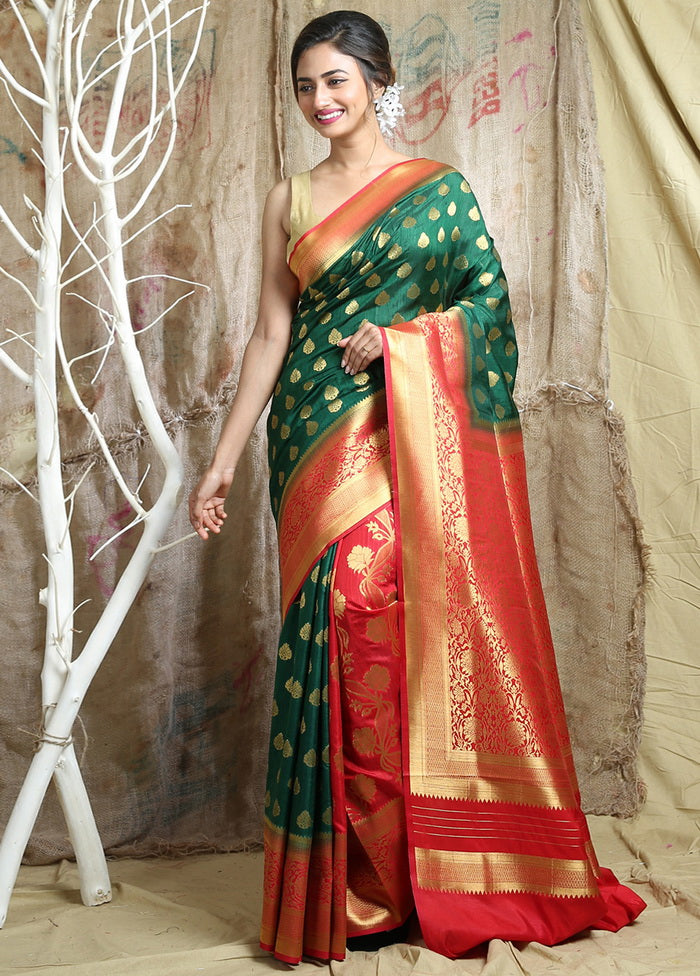 Green Spun Silk Saree With Blouse - Indian Silk House Agencies