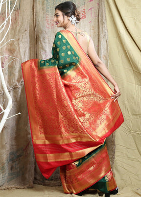 Green Spun Silk Saree With Blouse - Indian Silk House Agencies