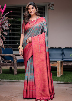 Turquoise Banarasi Silk Saree With Blouse Piece