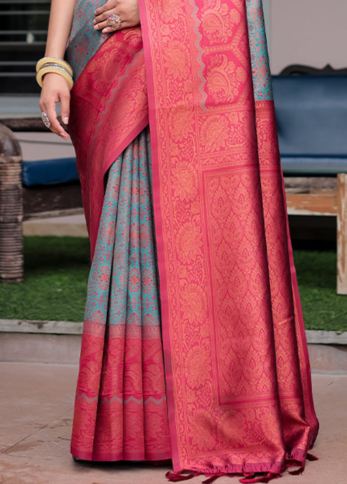 Turquoise Banarasi Silk Saree With Blouse Piece