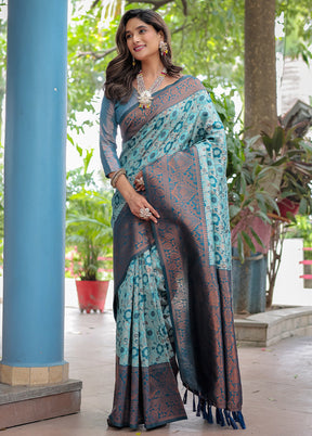 Turquoise Banarasi Silk Saree With Blouse Piece