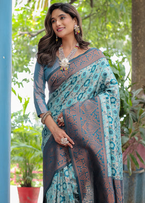 Turquoise Banarasi Silk Saree With Blouse Piece