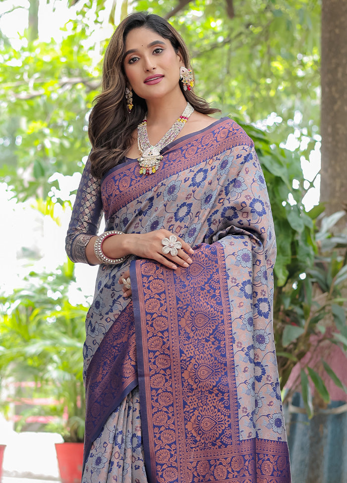 Grey Banarasi Silk Saree With Blouse Piece