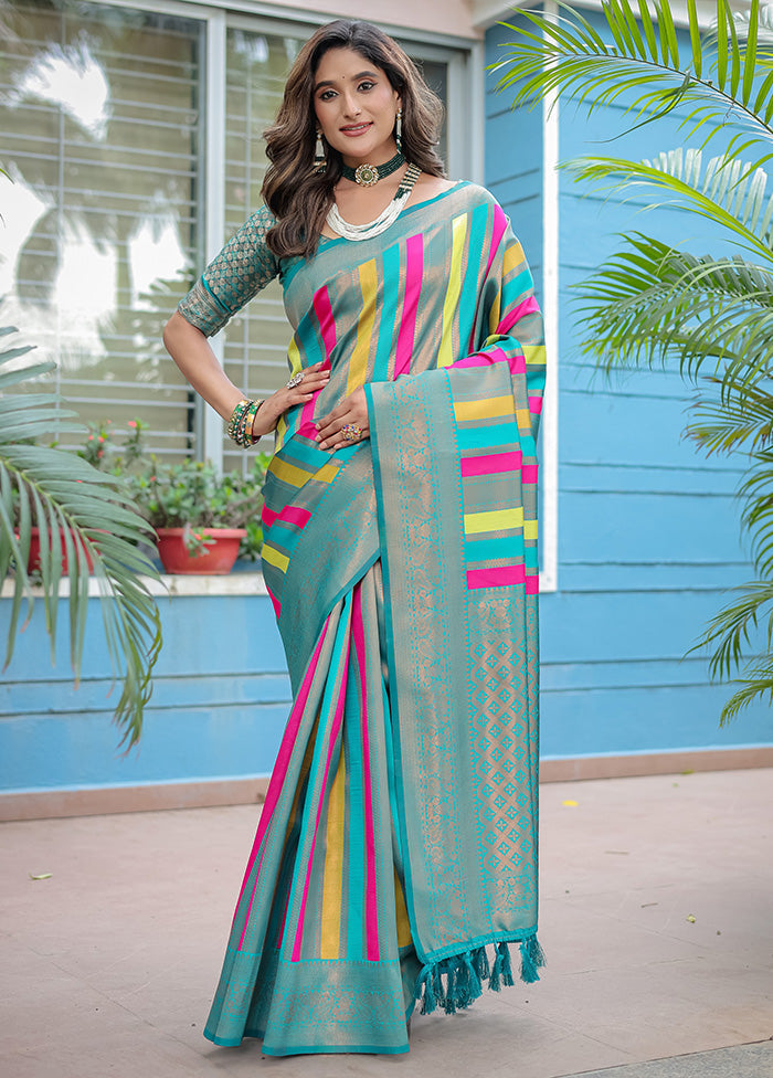 Turquoise Kanjivaram Silk Saree With Blouse Piece