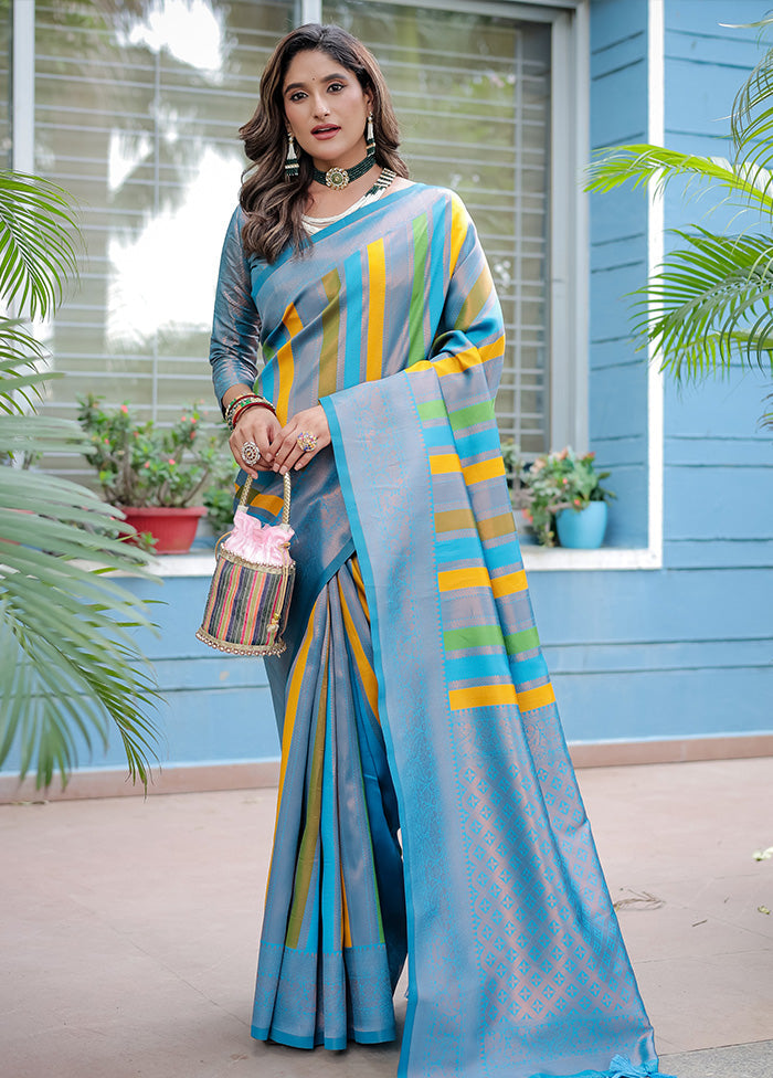 Sky Blue Kanjivaram Silk Saree With Blouse Piece