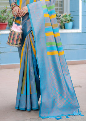 Sky Blue Kanjivaram Silk Saree With Blouse Piece