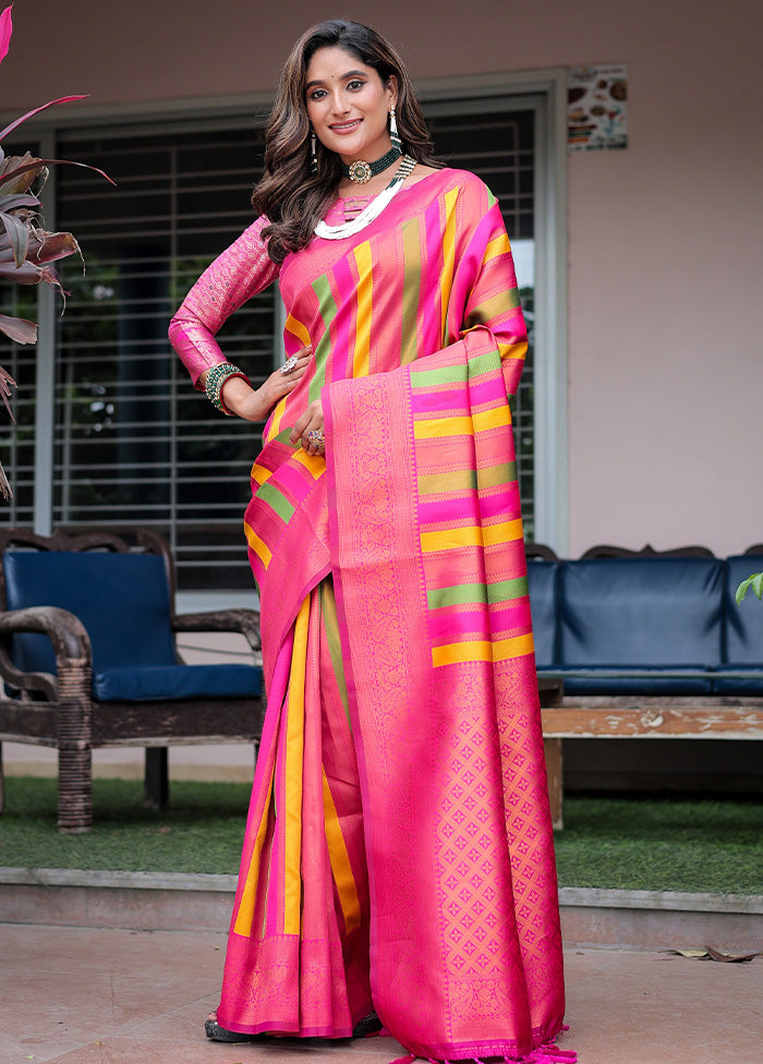 Pink Kanjivaram Silk Saree With Blouse Piece