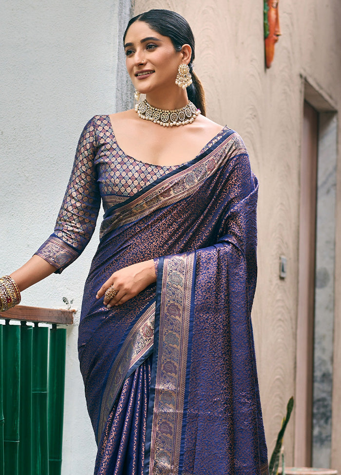 Navy Blue Kanjivaram Silk Saree With Blouse Piece