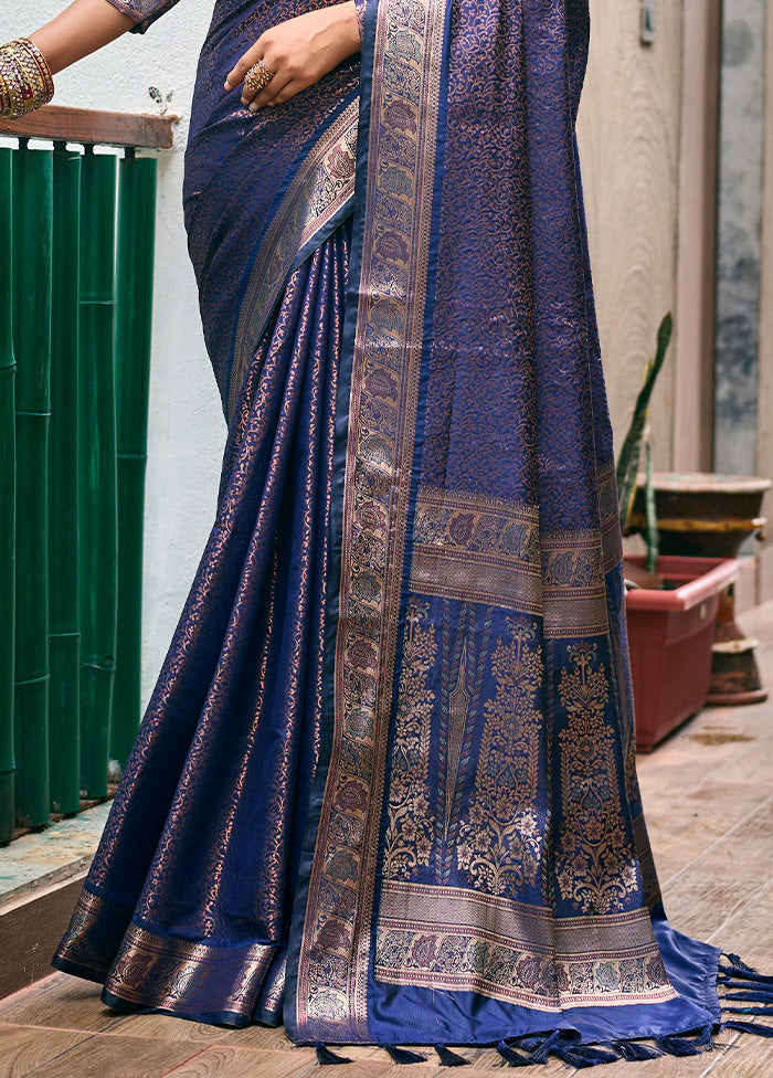 Navy Blue Kanjivaram Silk Saree With Blouse Piece