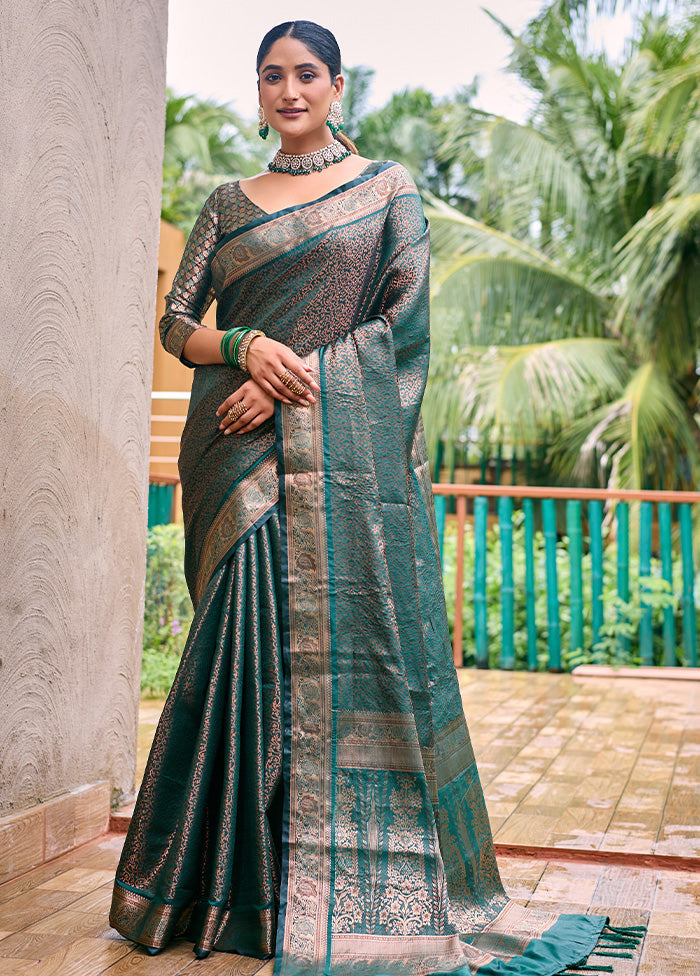 Bottle Green Kanjivaram Silk Saree With Blouse Piece