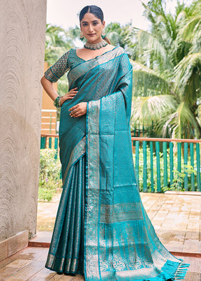 Turquoise Kanjivaram Silk Saree With Blouse Piece