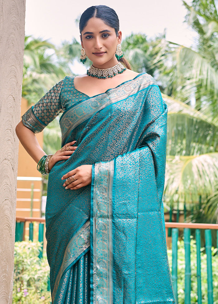 Turquoise Kanjivaram Silk Saree With Blouse Piece