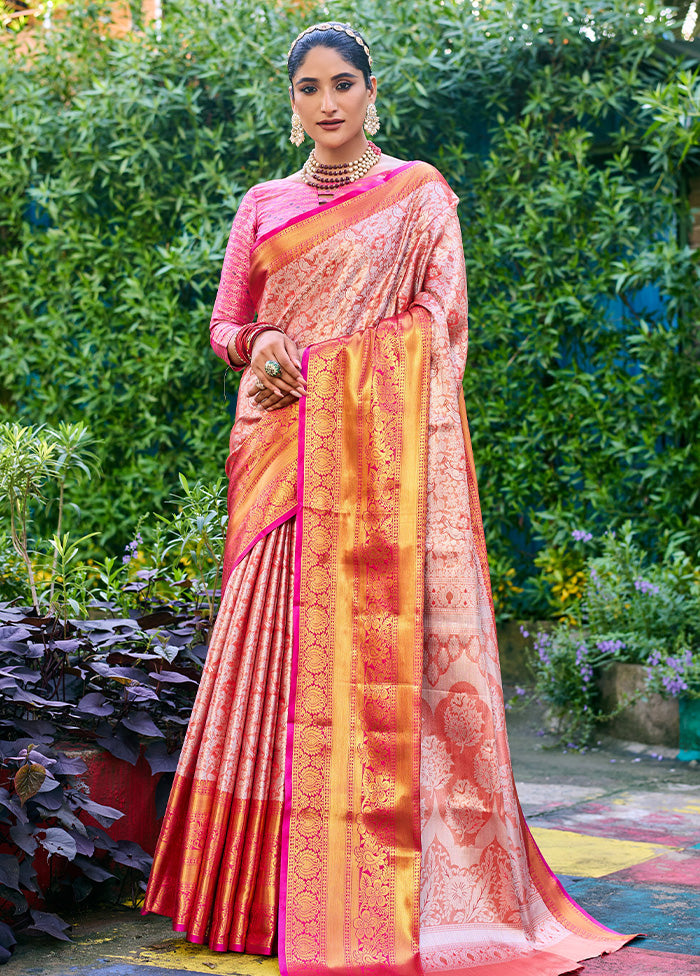 Peach Banarasi Silk Saree With Blouse Piece