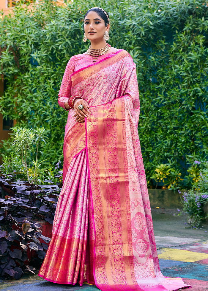 Pink Banarasi Silk Saree With Blouse Piece