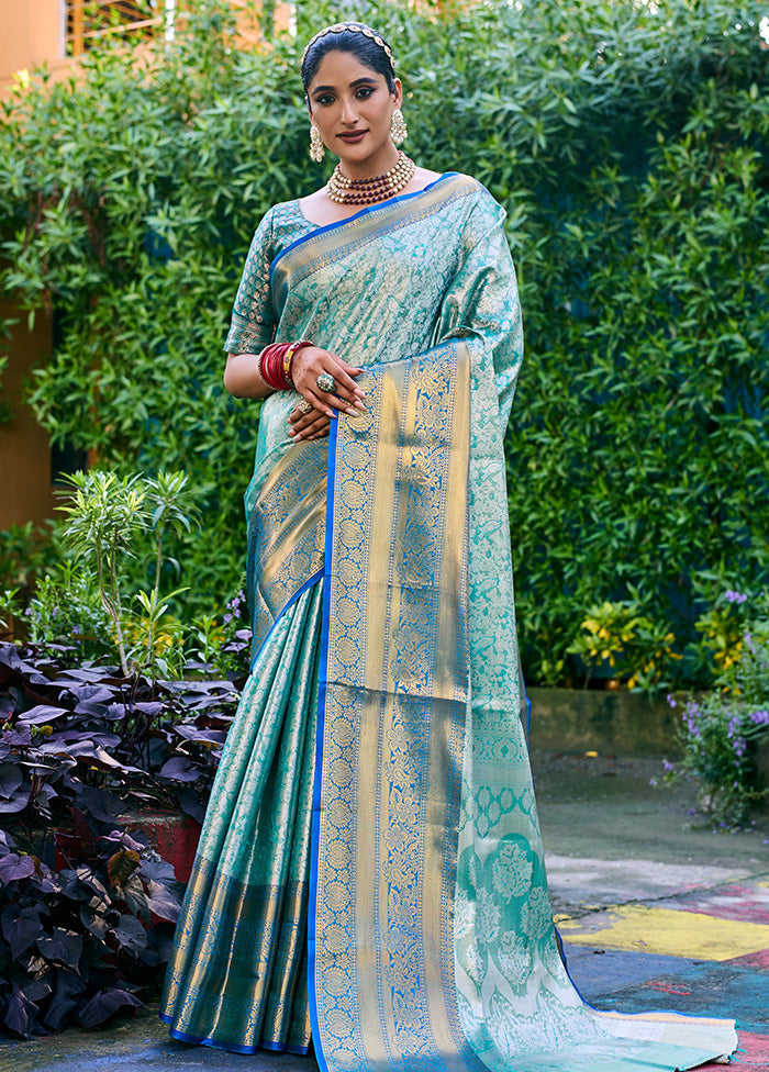 Turquoise Banarasi Silk Saree With Blouse Piece