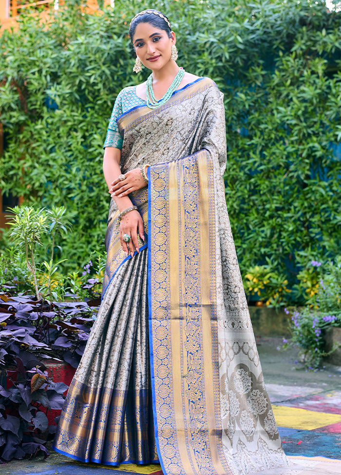 Grey Banarasi Silk Saree With Blouse Piece