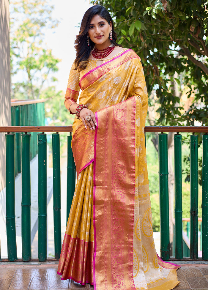 Yellow Banarasi Silk Saree With Blouse Piece