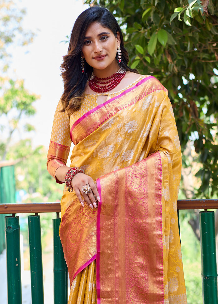 Yellow Banarasi Silk Saree With Blouse Piece