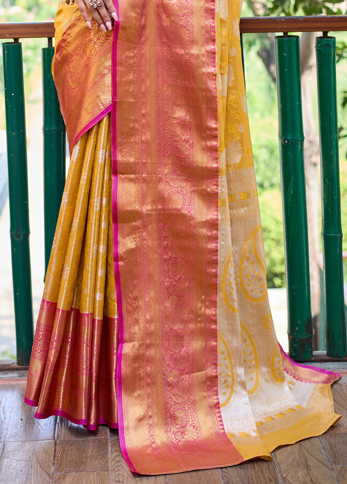 Yellow Banarasi Silk Saree With Blouse Piece