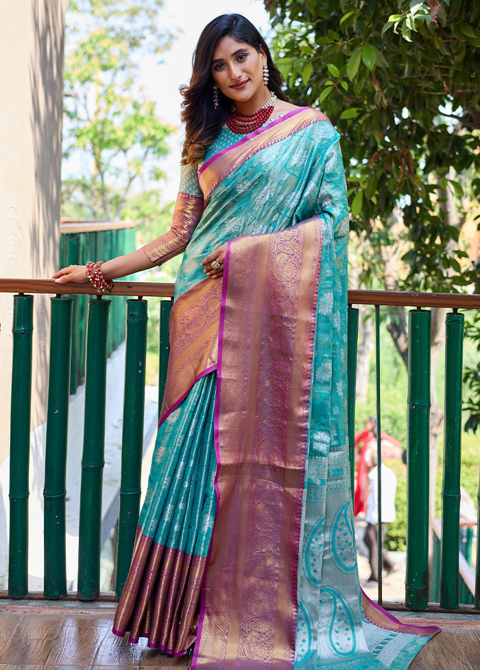 Turquoise Banarasi Silk Saree With Blouse Piece