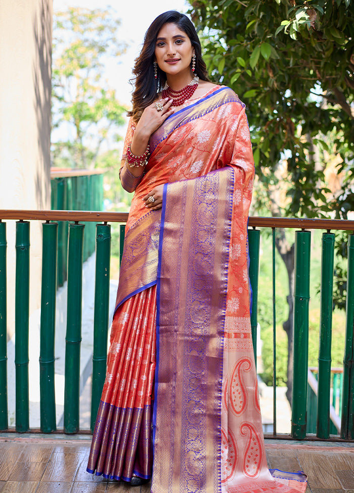 Peach Banarasi Silk Saree With Blouse Piece