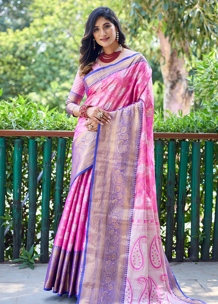 Pink Banarasi Silk Saree With Blouse Piece