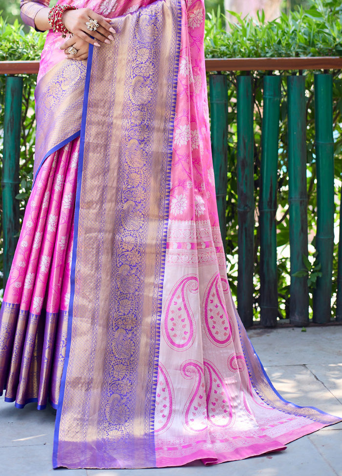 Pink Banarasi Silk Saree With Blouse Piece