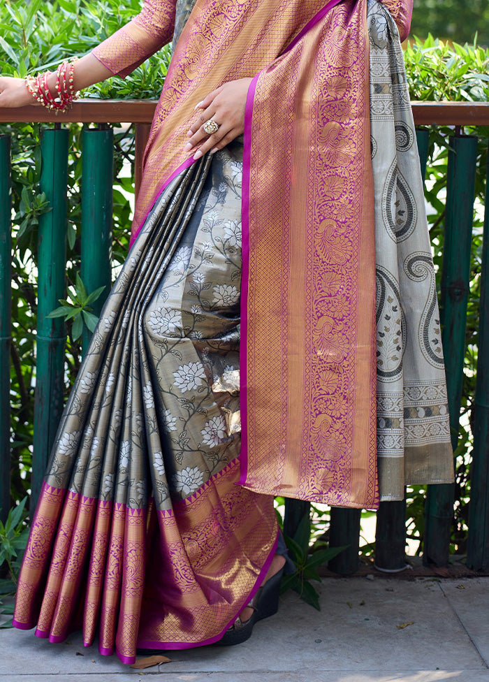 Grey Banarasi Silk Saree With Blouse Piece