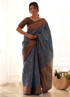 Blue Kanjivaram Silk Saree With Blouse Piece