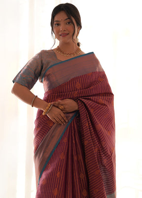 Wine Kanjivaram Silk Saree With Blouse Piece