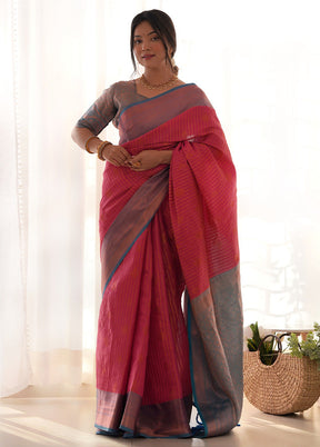 Pink Kanjivaram Silk Saree With Blouse Piece