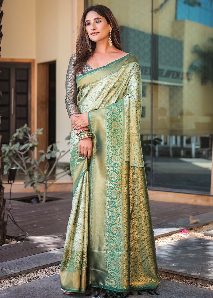 Pista Green Spun Silk Saree With Blouse Piece