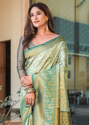 Pista Green Spun Silk Saree With Blouse Piece