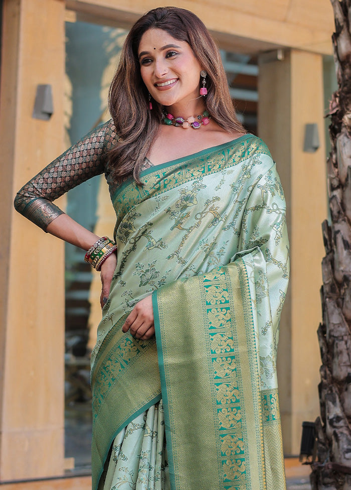 Pista Green Spun Silk Saree With Blouse Piece