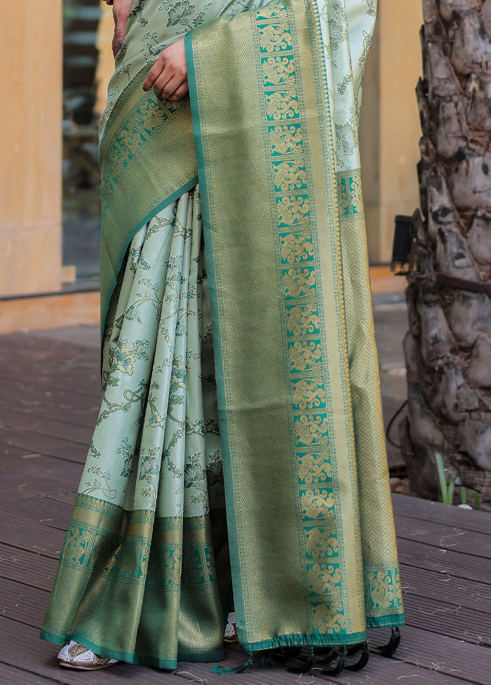 Pista Green Spun Silk Saree With Blouse Piece