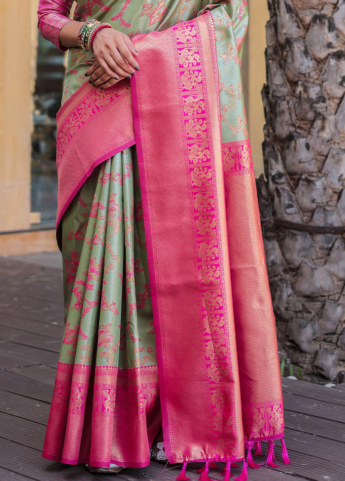 Pista Green Spun Silk Saree With Blouse Piece