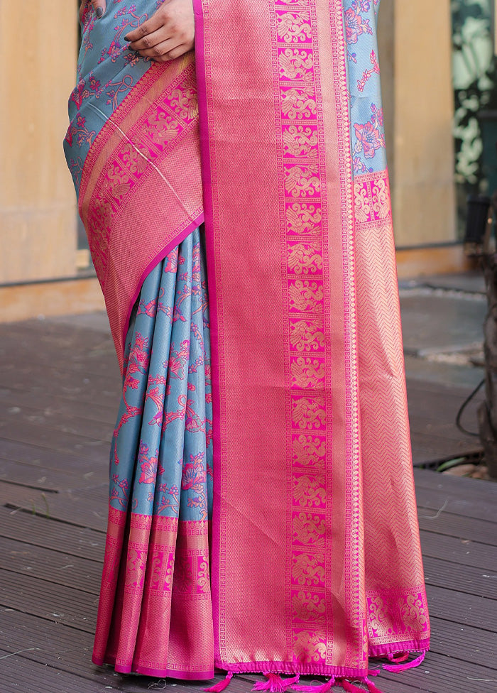 Sky Blue Spun Silk Saree With Blouse Piece