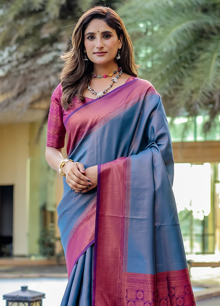 Blue Kanjivaram Silk Saree With Blouse Piece