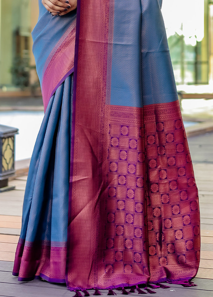 Blue Kanjivaram Silk Saree With Blouse Piece